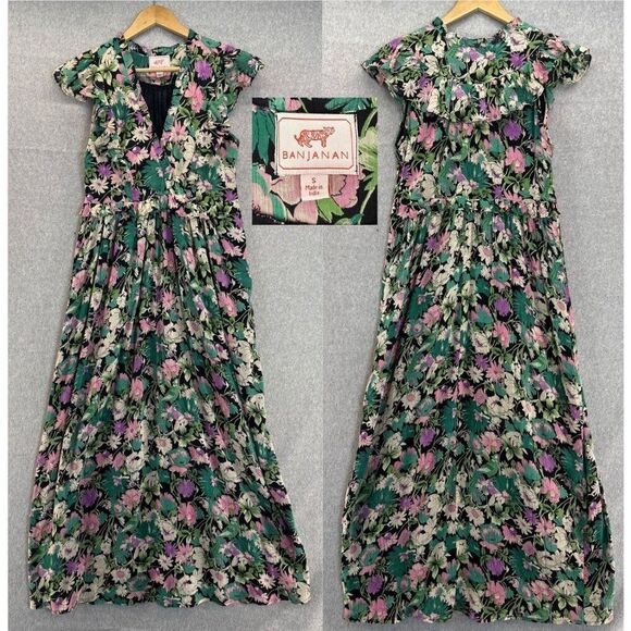 Banjanan Women's Small‎ Fiesta Floral Cotton Honey Midi Dress Pockets Green Pink - Picture 1 of 14